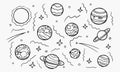 Planets of galaxy hand drawn doodle set. Cosmic Space line art universe. Solar system and celestial bodies for the banners cards