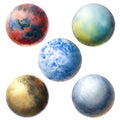 Planets painted in watercolor. Set of planets different in texture and color. Volumetric circles texture. planets for design and p