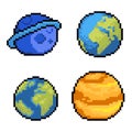 Planets pixel art 80s style set. 8-bit sprites. Solar system objects. Various space planets, fantastic world game design