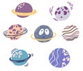 Planets set. Cute cartoon galaxy, space, solar system elements. Isolated design elements for children. Stickers, labels, icons, Royalty Free Stock Photo