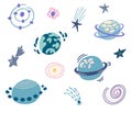 Planets and Shooting stars set. Space objects. Comet tail or star trail. Meteorite, space. Vector Hand draw illustration isolated Royalty Free Stock Photo