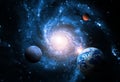 Planets of the solar system against the background of a spiral galaxy in space. Royalty Free Stock Photo