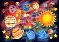 The planets of the solar system around the sun Watercolor design of space and astronomy Royalty Free Stock Photo