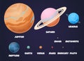 Planets Solar System. Flat signs of planet Jupiter in space universe with asteroid for scientific information and Royalty Free Stock Photo