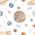 Watercolor seamless pattern cosmos with planets of the solar system mercury, mars, earth, venus, jupiter, saturn, neptune, pluto, Royalty Free Stock Photo