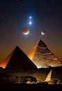 Planets of the solar system over the pyramids of Giza. AI Generated