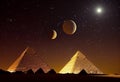 Planets of the solar system over the pyramids of Giza. AI Generated