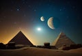 Planets of the solar system over the pyramids of Giza. AI Generated