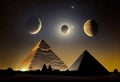 Planets of the solar system over the pyramids of Giza. AI Generated