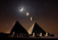 Planets of the solar system over the pyramids of Giza. AI Generated