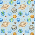 Planets of the solar system Seamless pattern. Outer Space planet Mercury Venus Earth Mars Jupiter Saturn Uranus Neptune Royalty Free Stock Photo