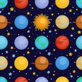 Planets of solar system in space, cartoon style seamless pattern