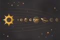 Planets Of Solar System Standing In Line Vector Outline Illustration With Golden Gradient. Solar System Panoram And