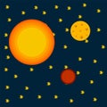 Planets of the solar system. Vector-drawn illustrations of planets in space. Cartoon Sun, Mars and Moon in a circle of stars. Royalty Free Stock Photo