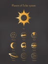 Planets of solar system vintage poster. Sun, Mercury, Venus, Earth,Moon, Mars, Jupiter, Saturn, Uranus, Neptune isolated