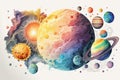 Planets of the Solar System watercolor poster set.