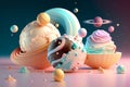 Planets in space galaxy stars made of ice cream and sugar. Crystal pastel sparkle style. Summer wallpaper. Generative AI