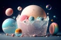 Planets in space galaxy stars made of ice cream and sugar. Crystal pastel sparkle style. Summer wallpaper. Generative AI