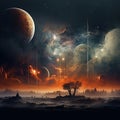 planets and space over a wasteland with a lonely tree Royalty Free Stock Photo