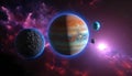 planets in space with a star in the background with pink light and milkyway