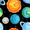 Planets, stars and satellites on a starry sky space seamless pattern background. Solar system outer space planets children Royalty Free Stock Photo