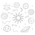 Planets and stars in space around the sun. Vector