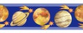 Planets, Yellow-orange comets on a blue background, watercolor , seamless border pattern