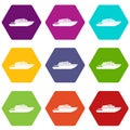 Planing powerboat icon set color hexahedron