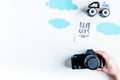 Planing trip with child with photo camera white background top v Royalty Free Stock Photo