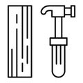 Plank and hammer thin line icon. Construction vector illustration isolated on white. Work tool outline style design