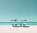 Plank loungers and tents on the white sand beach. Blue sky. People are swimming in the sea Royalty Free Stock Photo