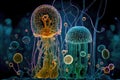 Plankton or bacteria under the microscope, looking like jellyfish clouse-up, abstract background. Generative AI Royalty Free Stock Photo