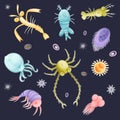 Plankton Diverse Water Organism Free Floating on Dark Background Vector Set
