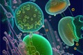 Plankton and other marine microorganisms or bacteria under microscope. Abstract background. Generative AI Royalty Free Stock Photo