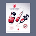 Planned immunization flyer template. Vector illustration of disposable syringe, bottle and ampoule with medicine isolated on whit