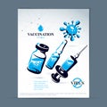 Planned immunization flyer template. Vector illustration of disposable syringe, bottle and ampoule with medicine isolated on white