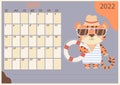 Planner calendar for June 2022. Cute tiger cub in sunglasses, striped swimsuit, beach hat and lifebuoy. Year of the