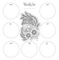 Planner Design and hand drawn coloring page. Black and white floral pattern and the doodle bird house.