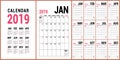 Planner 2019. English calendar template. Vector calender grid. O Royalty Free Stock Photo