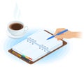 The planner, hand with pen, cup of tea. Flat isometric illustration Royalty Free Stock Photo