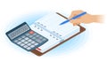 The planner, hand with pen, math calculator. Flat isometric illustration Royalty Free Stock Photo