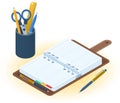 The planner, pen and desktop organizer. Flat vector isometric il Royalty Free Stock Photo