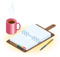 The planner, pen and mug of coffee. Flat vector isometric illustration