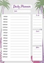 Daily Planner template vector. Palms floral decoration background, To Do list, goals, notes. Business notebook
