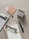 Planning, accounting of income expenses. Business finance concept. Accessories - planner, calculator, calendar on a light Royalty Free Stock Photo