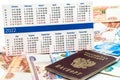 Planning activities for the year 2022. Money Situation. Rubles and calendar for 2022. Russian passport and currency Royalty Free Stock Photo