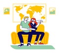 Planning and Buying Trip Concept. Young Couple Visiting Travel Agency Choose Tour. Man and Woman Sitting on Couch
