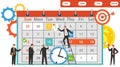 Planning, planning calendar, corporate work. Time to work. Group of mini characters people plan work. Vector illustration