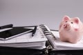 Planning concept - calendar, cellphone, pen, pig moneybox Royalty Free Stock Photo