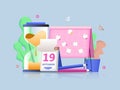 Planning concept 3D illustration. Icon composition with clipboard with stickers, calendar, hourglass for workflow organization and